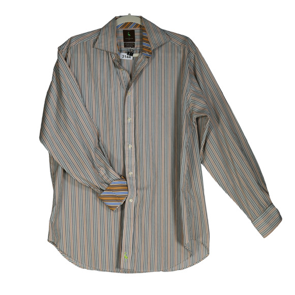 TailorByrd Brown Striped Shirt Men L Cotton Button Up Contrast Cuffs Long Sleeve - Picture 9 of 10